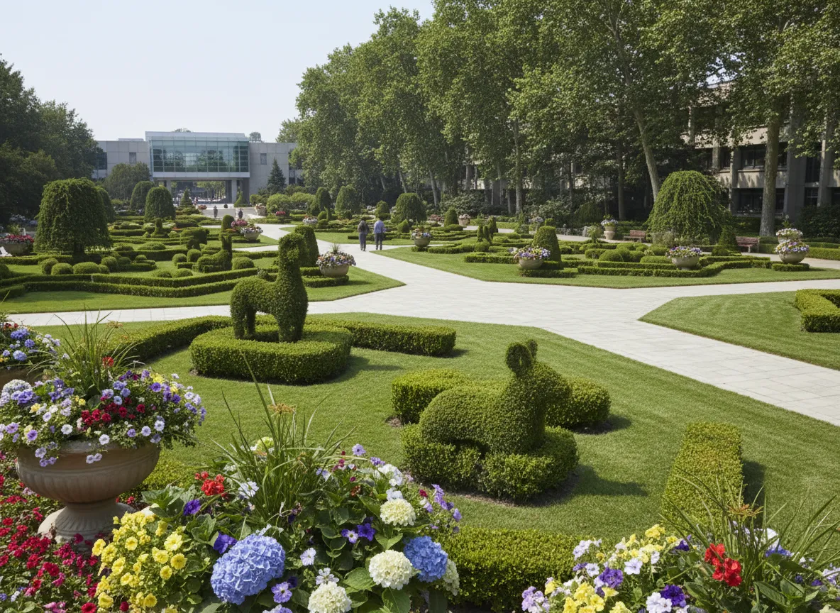 Jardinería y áreas verdes cuidadas en campus